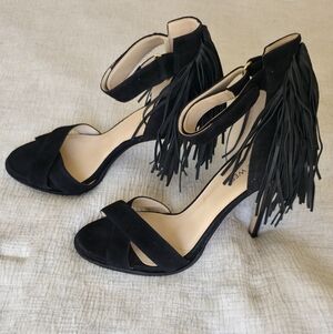 Nine West Black Fringe Heels Strappy Stiletto Statement Edgy Rock Party Glam